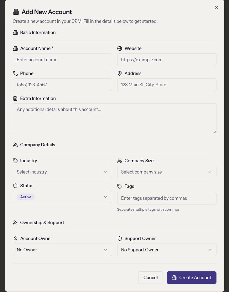 The Add New Account dialog with the Ownership & Support section