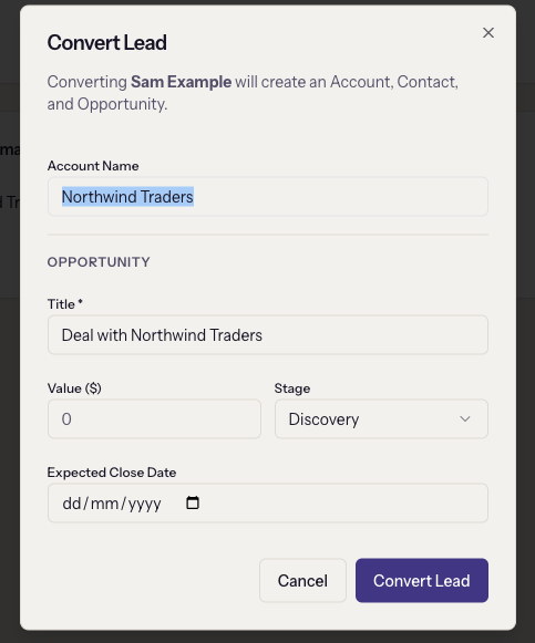The Convert Lead dialog: account name, opportunity title, value, stage, and expected close date