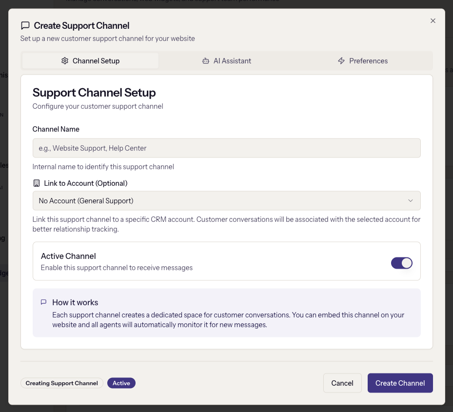 The Create Support Channel dialog with its Channel Setup, AI Assistant, and Preferences tabs