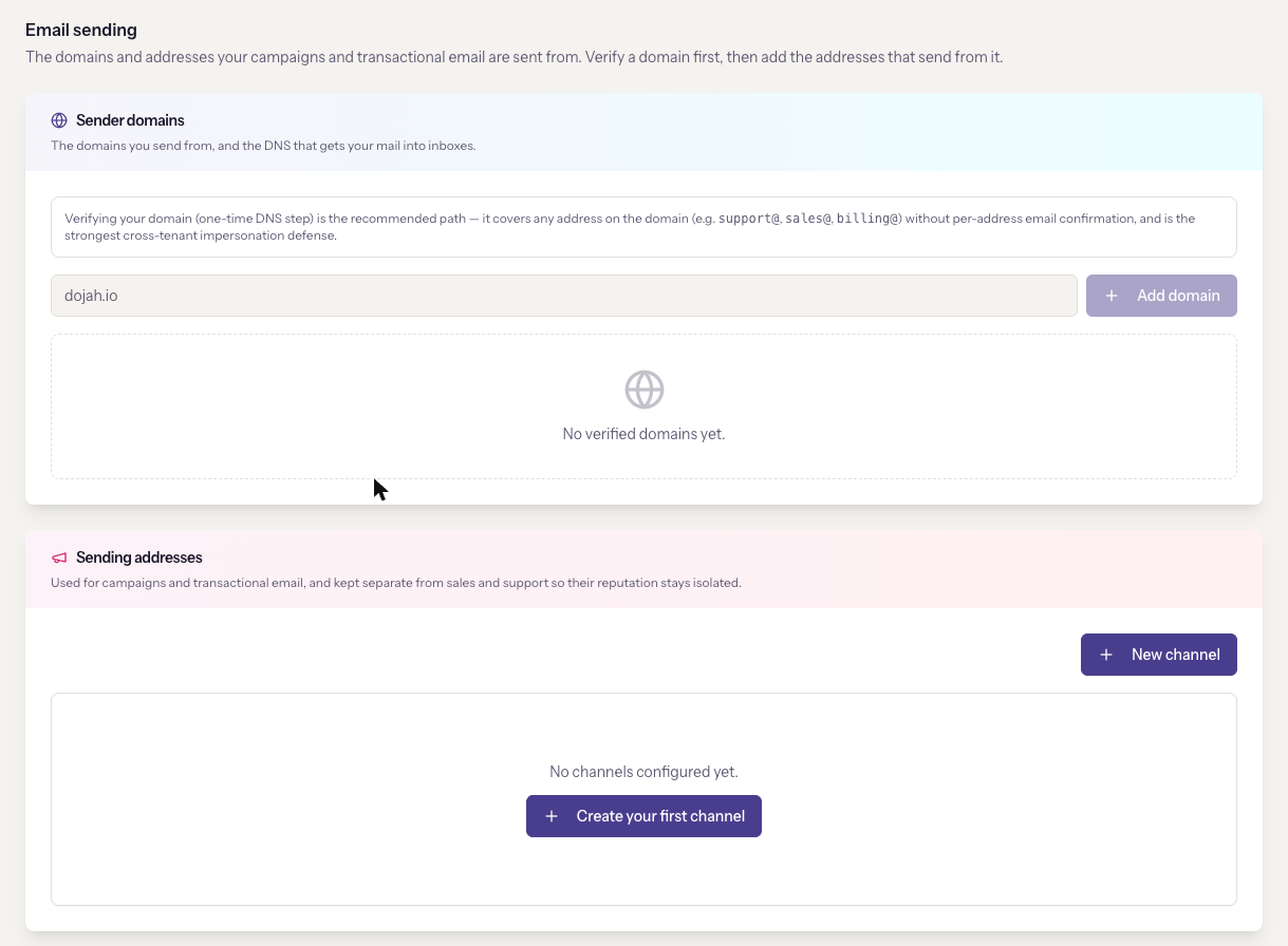The Email sending page: Sender domains above, Sending addresses below