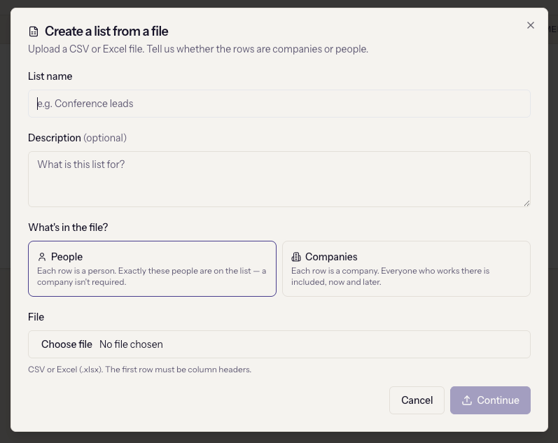 The Create a list from a file dialog with the People and Companies choice