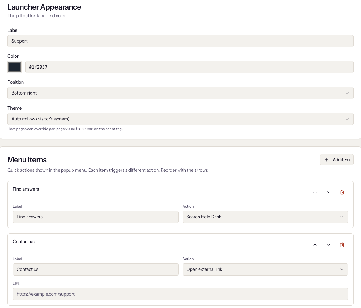 Launcher Appearance and Menu Items, with the Contact us item showing an empty URL