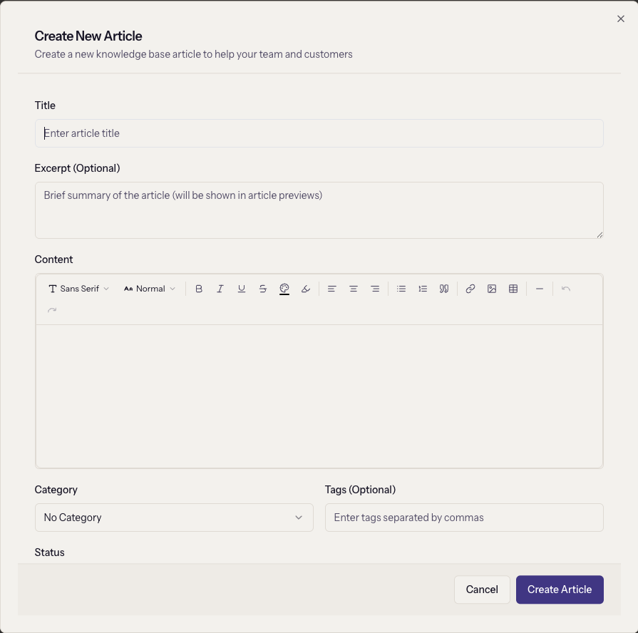 The Create New Article dialog