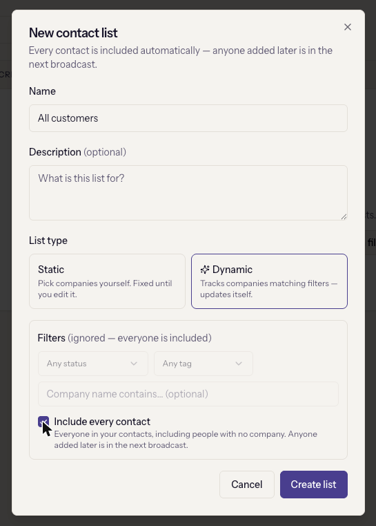 The New contact list dialog with Dynamic and Include every contact selected