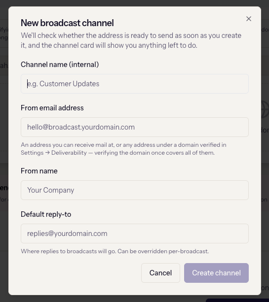 The New broadcast channel dialog