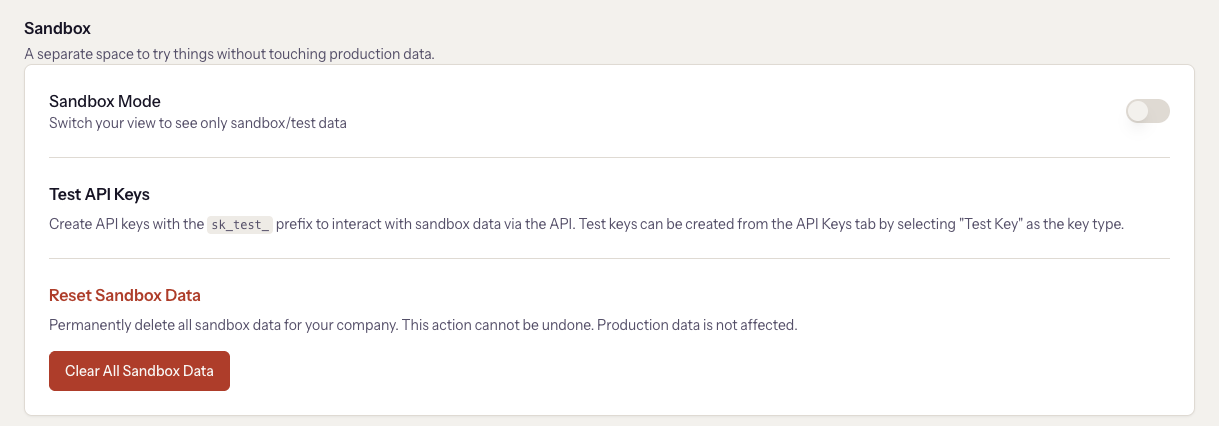 The Sandbox settings page with the mode switch, the test API keys note, and Clear All Sandbox Data