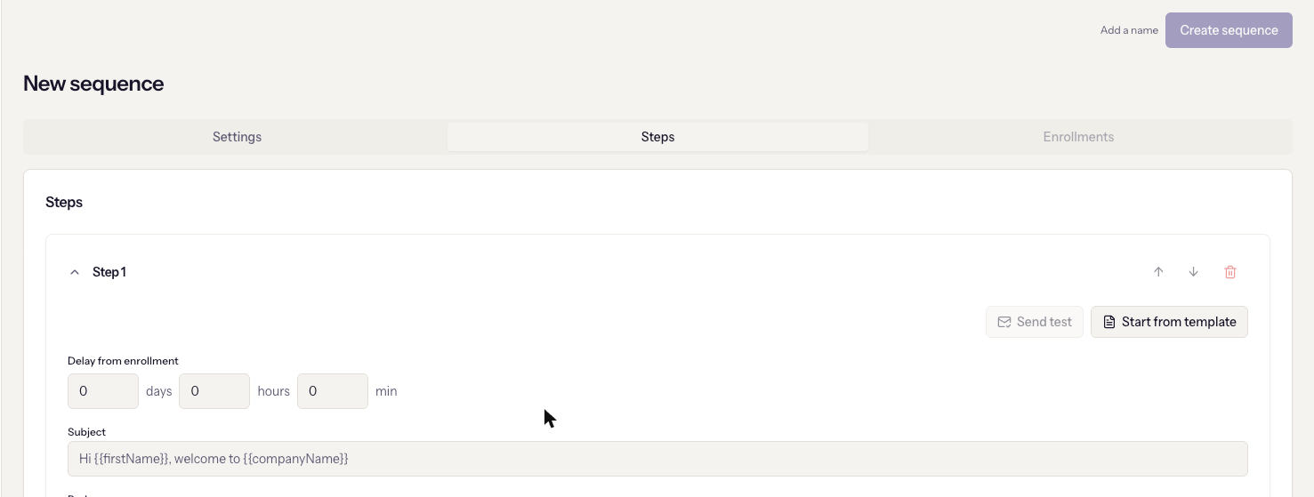 Step 1 of a new sequence: the delay from enrollment, the subject, and Send test and Start from template