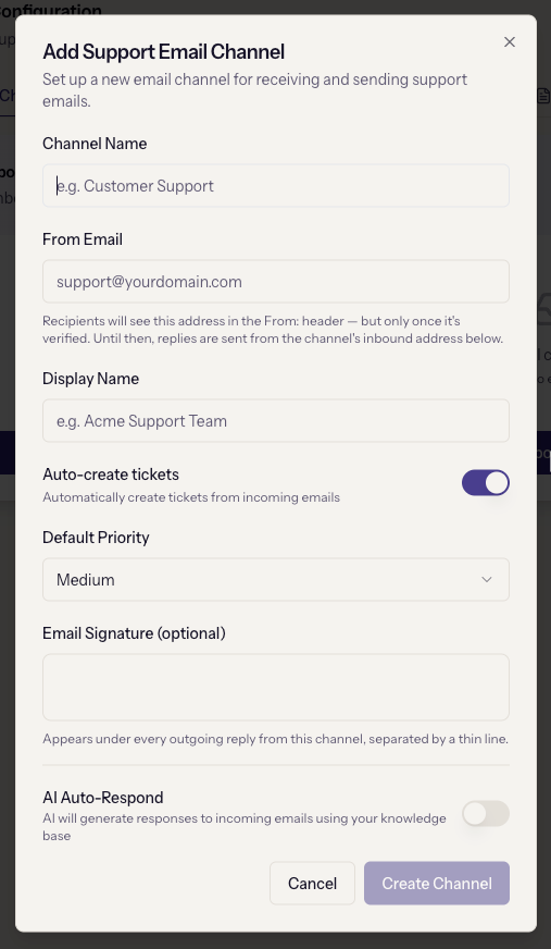 The Add Support Email Channel dialog