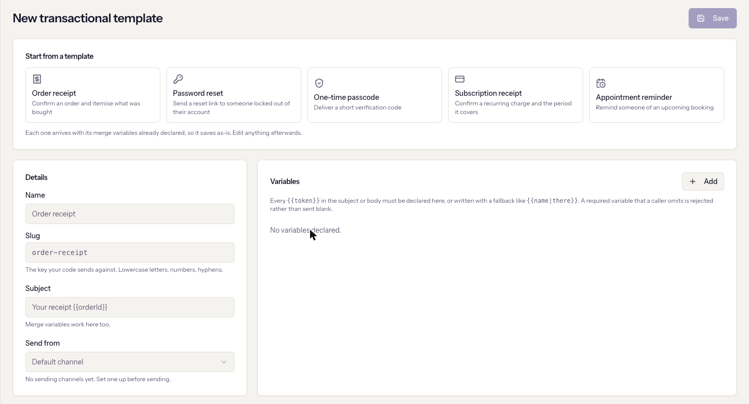 A new transactional template: starters, details with the slug, and the variables card